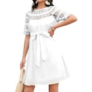 JJ’S HOUSE Scoop White Chiffon Crochet Lace Yoke Mini Dress Sash Beachy - NWT